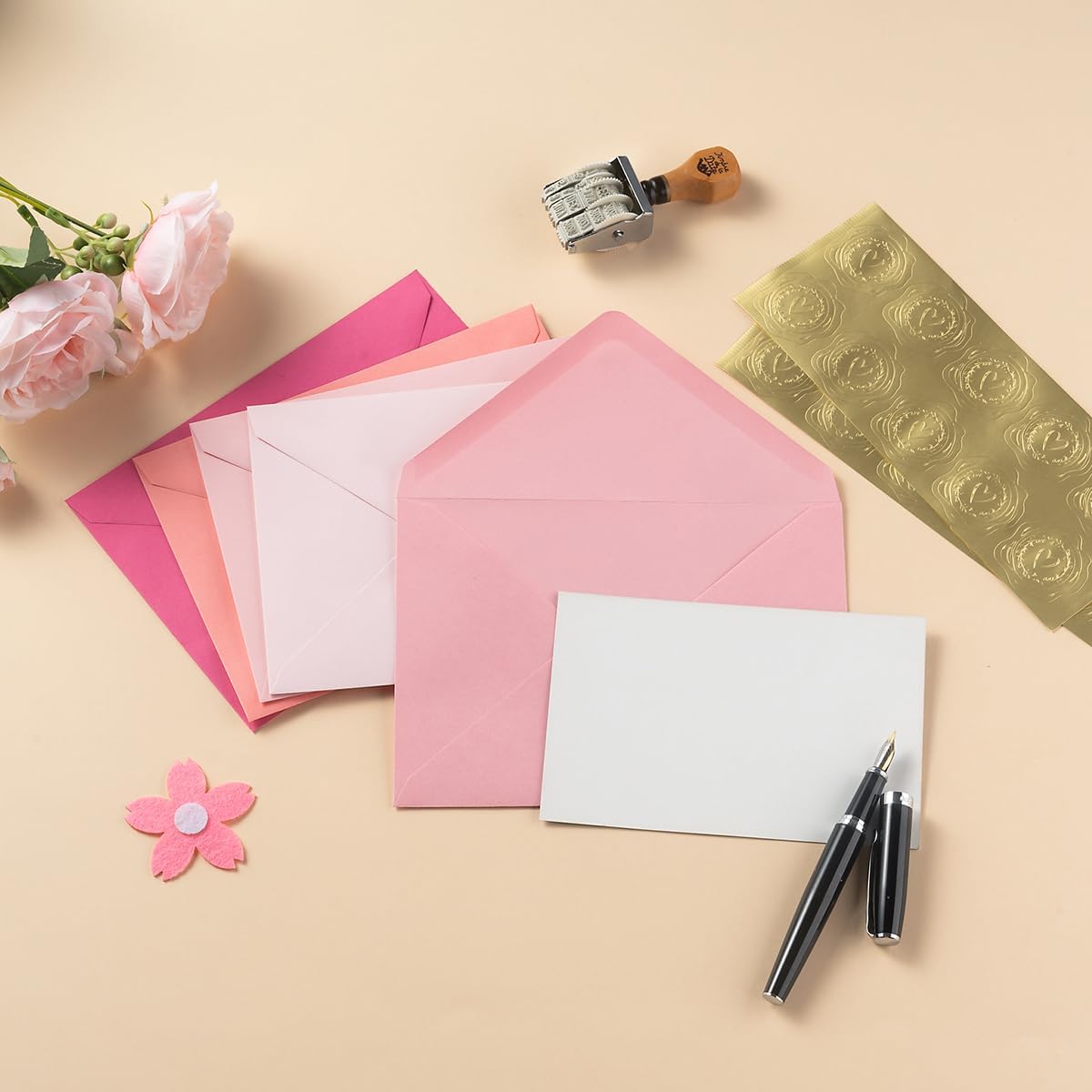 50 Pack Colored A7 Invitation Envelopes 5x7 with Gold Stickers for Cards and Invitations, 5 Colors (Pink, 5 1/4 x 7 1/4 inches)
