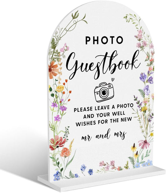 Acrylic Wedding Signs, Photo Guestbook Signs for Marriage Reception, Bridal Shower Decorations, Modern Arched Round Top Acrylic Table Top Sign with Holder for Wedding Party Dinner (White Wildflowers)