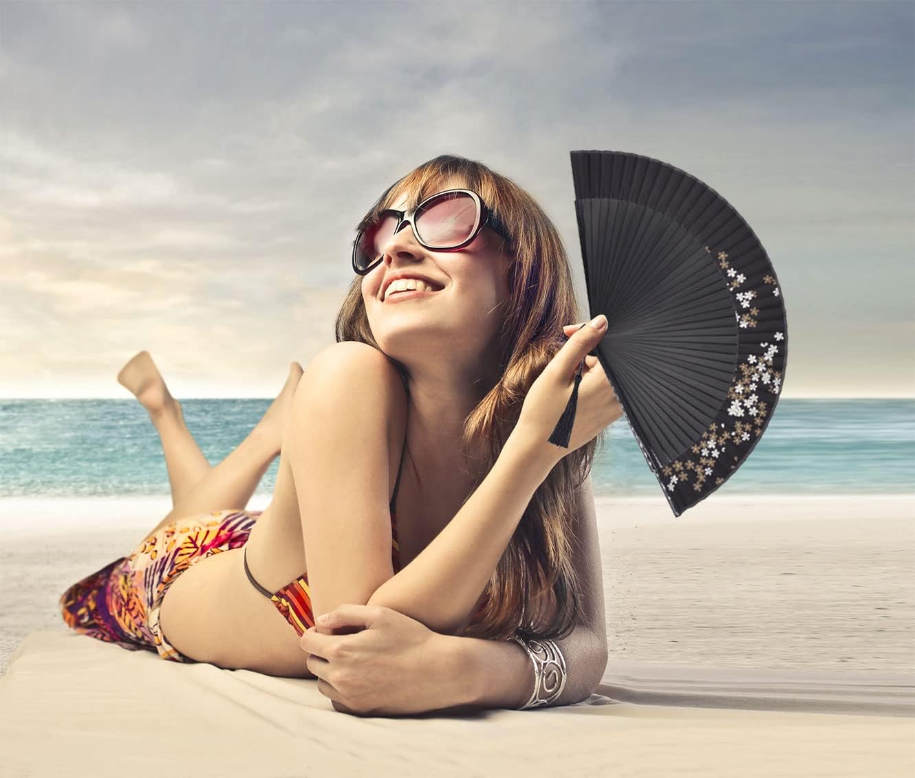 Amajiji Small Folding Hand Fan for Women, Chinese Japanese Vintage Style Bamboo Silk Fans for Party Wedding Dancing Decoration Gift Performance (AM-34)