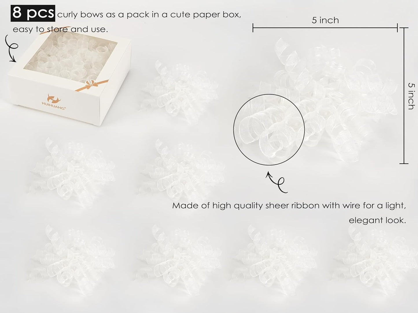 HUIHUANG White Bows for Gift Wrapping Christmas Curly Gift Bows 5 inch x 8 Counts Self-Adhesive Curly Ribbon Bow for Presents, Paper Bag, Party Favors, Wrapping Accessories, Holiday Decor