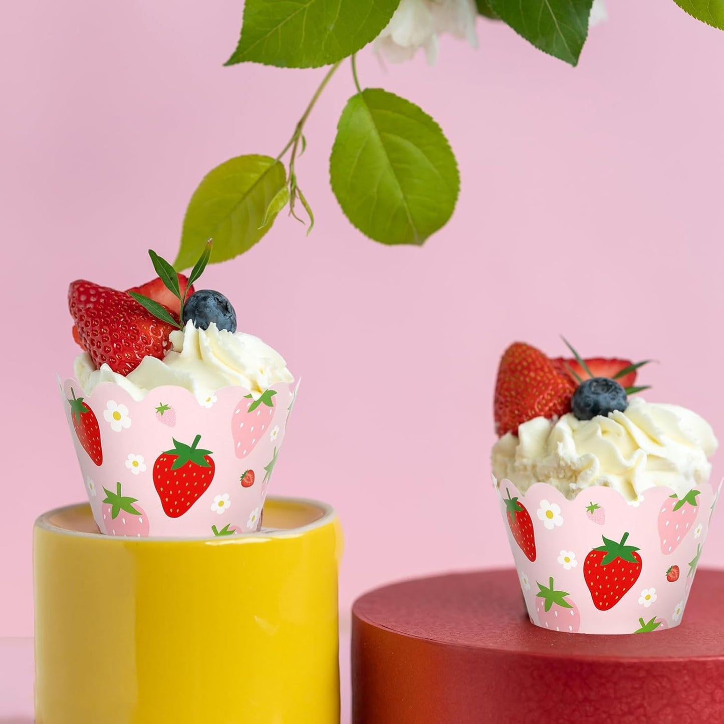 Whaline 36Pcs Strawberry Cupcake Wrappers Red Pink Strawberry Flower Cupcake Liners Decorative Cupcake Holders for Birthday Baby Shower Party Cake Decoration