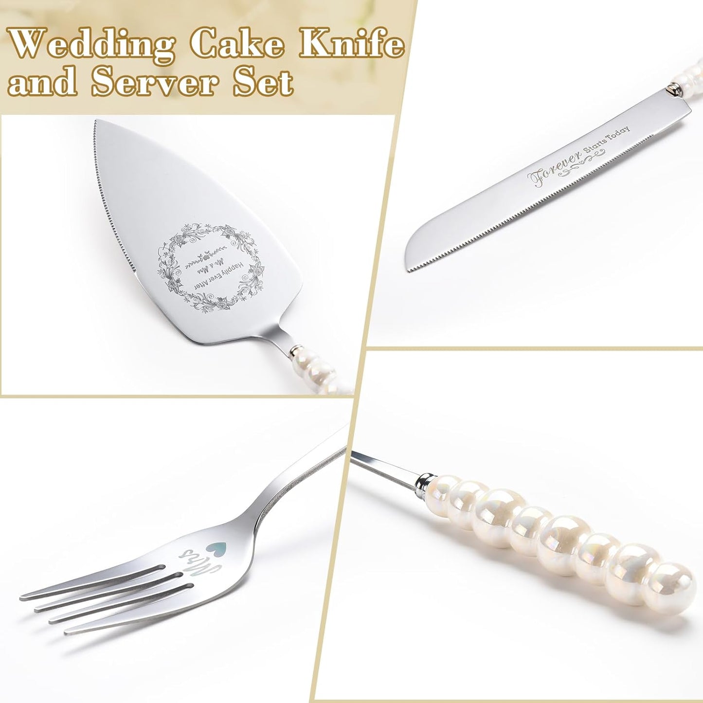 Wedding Cake Knife and Server Set,Ceramic Pearl Handle Cake Cutting Set for Weddings, Engagements, Anniversaries, and Engagement Gifts for Couples