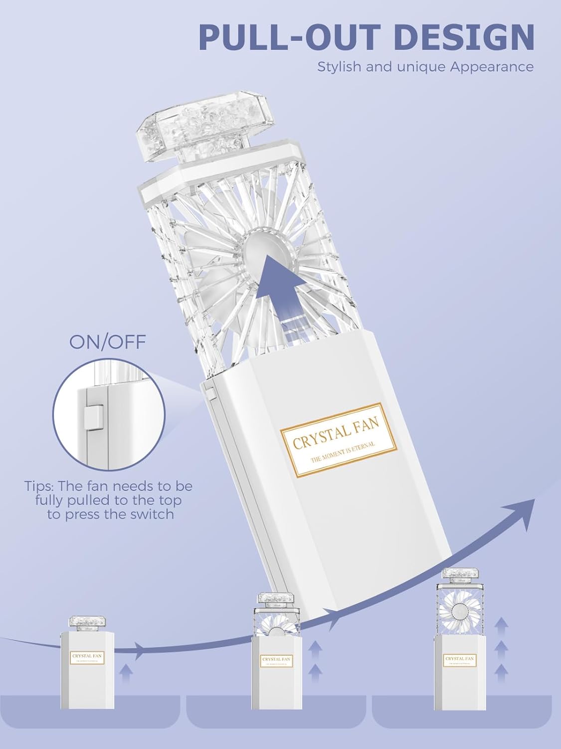 Lady Handheld Fan, Rechargeable Small Personal Fan with 3 Speeds Setting, Powerful Quiet Pull-out Portable Fan, Mini Cooling Desk Electric Fan Safe for Girls Woman Office School Working Home - White