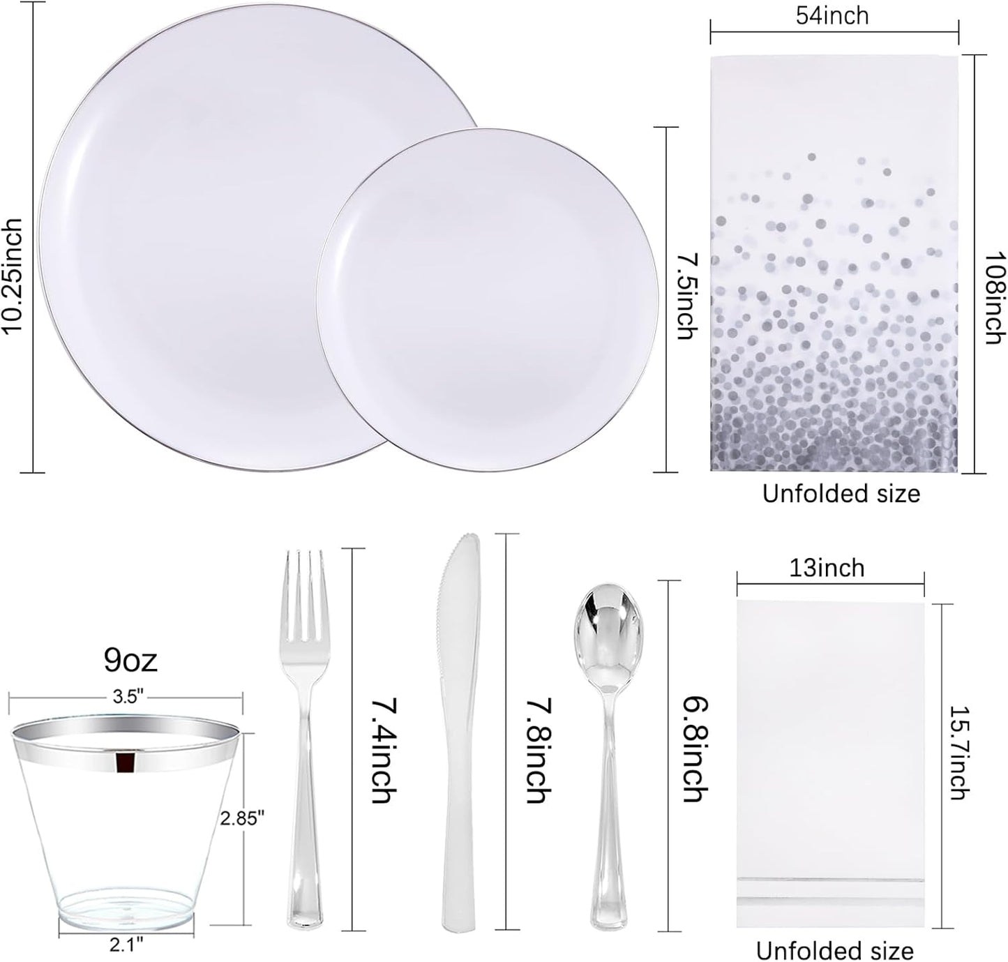 Festiva 176Pcs Silver Plastic Christmas Plates - Party Plates and Cups and Napkins Sets: 25Dinner Plates 25Dessert Plates 25Cups 25 Cutlery 25 Napkins 1Tablecloth for New Year Party&Wedding&Christmas