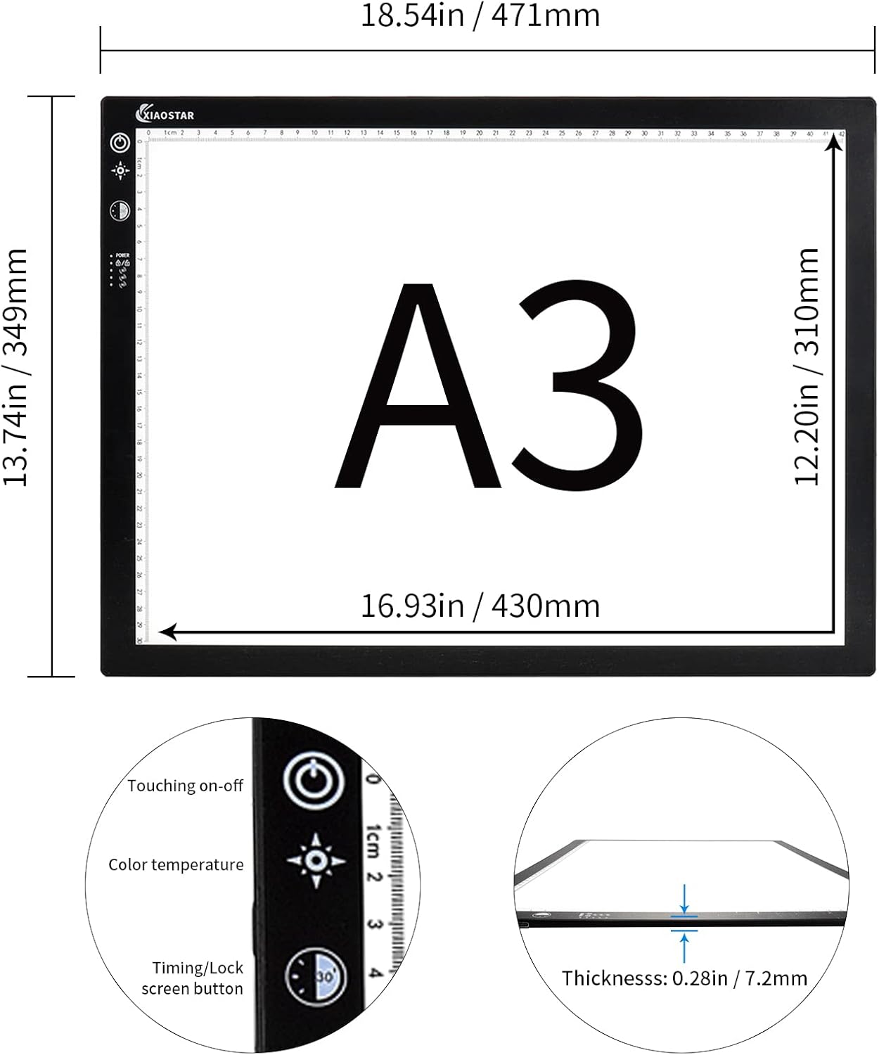 Light Box Drawing Pad A3, Dimmable 3 Brightness and Colour Temperature with Type-C Charge Cable and Brightness Adjustable for Artists, AnimationDrawing, Sketching, Animation, X-ray Viewing (A3-STK)