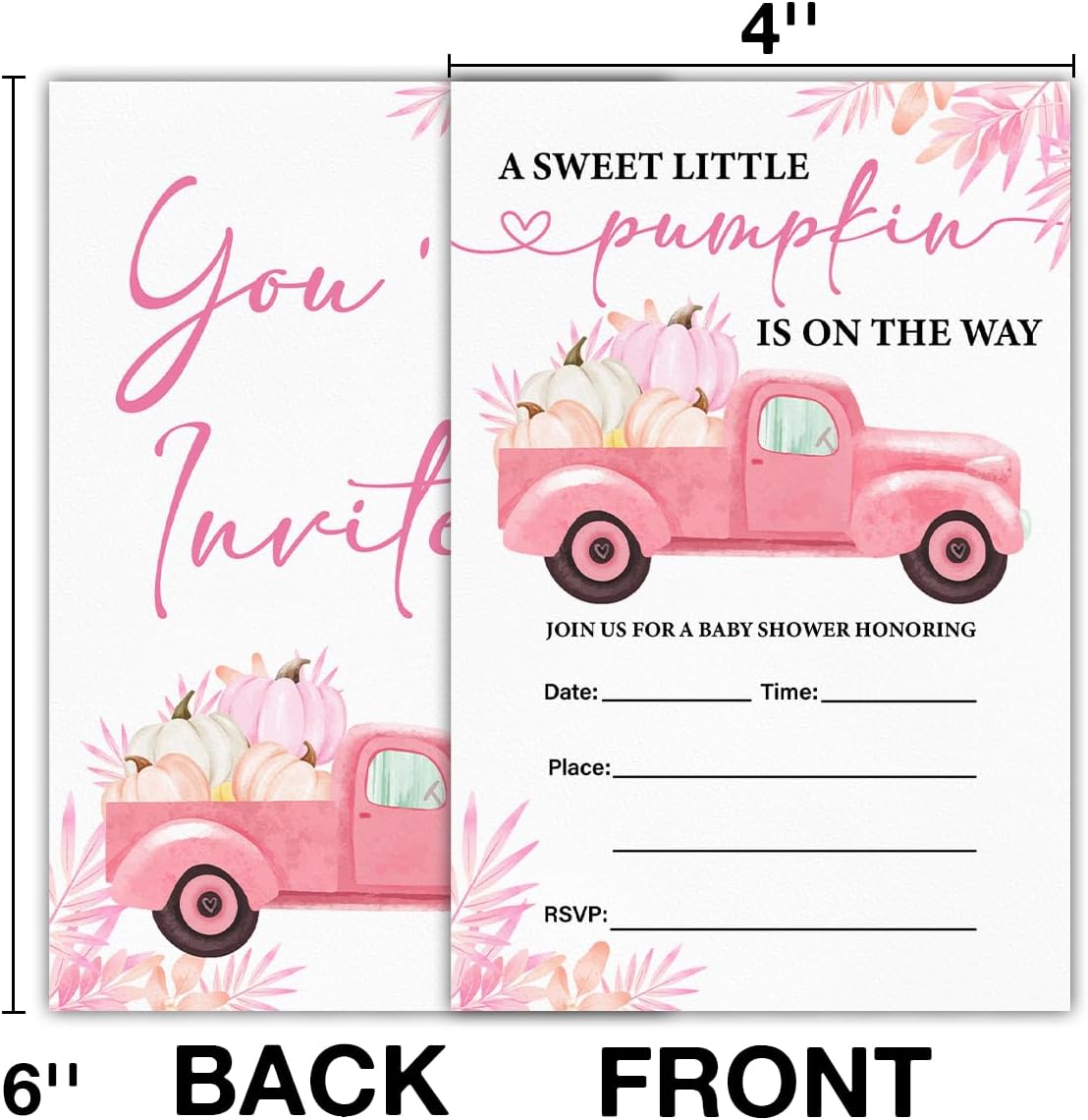 Pumpkin Baby Shower Party Invitations, Fall Pink Pumpkins Truck Baby Shower Party Fill in Invites Cards With Envelopes (20 Count), Double Sided Design