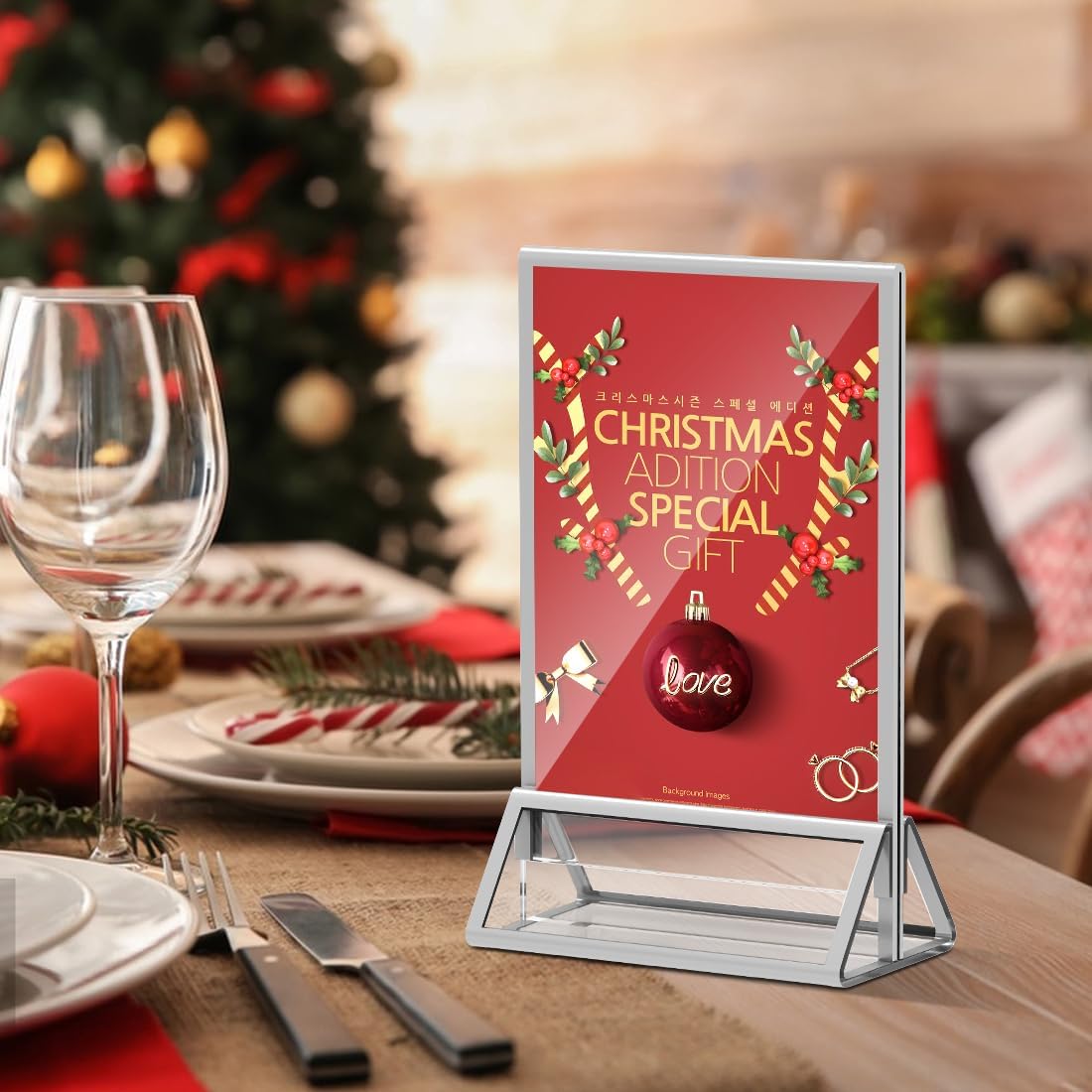 Clear Acrylic Sign Holder 4X6 with Silver Borders Display Stand, Double Sided Acrylic Picture Frames Plastic Sign Holder for Wedding Table Numbers Menu Holder (6 Pack)