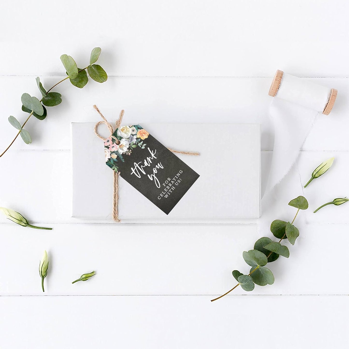 Andaz Press 100-Pack Thank You for Celebrating with Us Favor Tags Chalkboard Florals Cardstock Gift Tags with Bakers Twine for Wedding Baby Shower Bridal Shower Birthday Party Favors 2 x 3.75-Inches