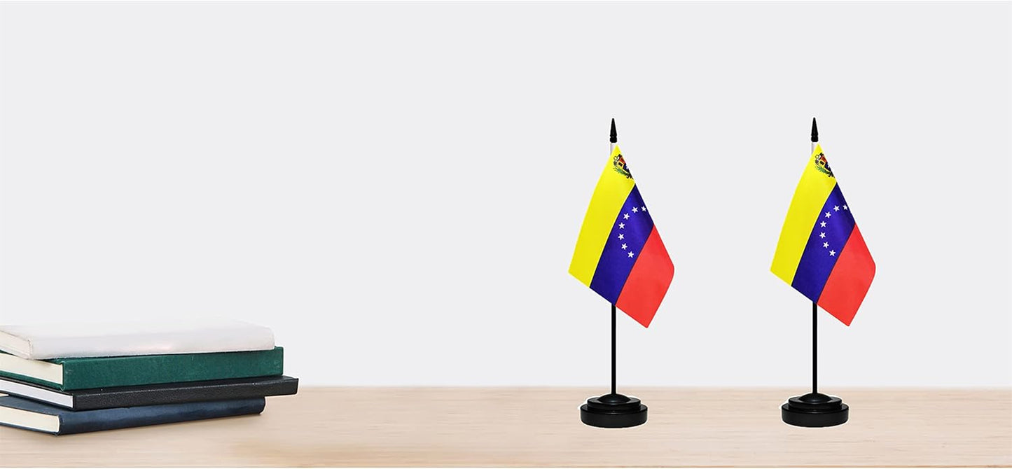 Venezuela Venezuelans Deluxe Desk Flag Set, Small Mini Miniature Venezuela Venezuelans Table Desktop Flags With Solid Pole, Black Base and Spear Top(2 Pack)