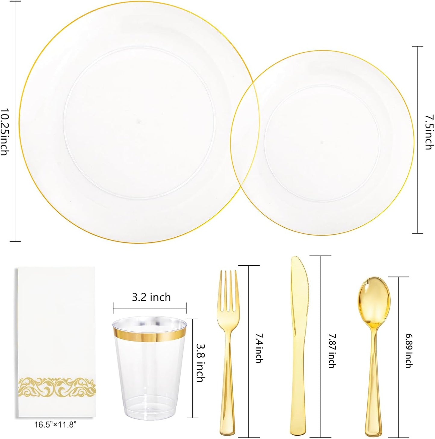 Supernal 350PCS Clear and Gold Plastic Dinnerware Set Include Clear Disposable Plates, Gold Plastic Silverware Heavy Duty, Cups and Napkins for Birthday, Weddings, Parties