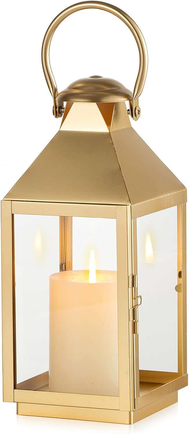 NUPTIO Gold Lanterns Decorative for Wedding: 11.2 Inch Tall Metal Lantern Decor with Glass - Outdoor Pillar Candle Holder for Table Centerpiece Dining Room Mantel Patio