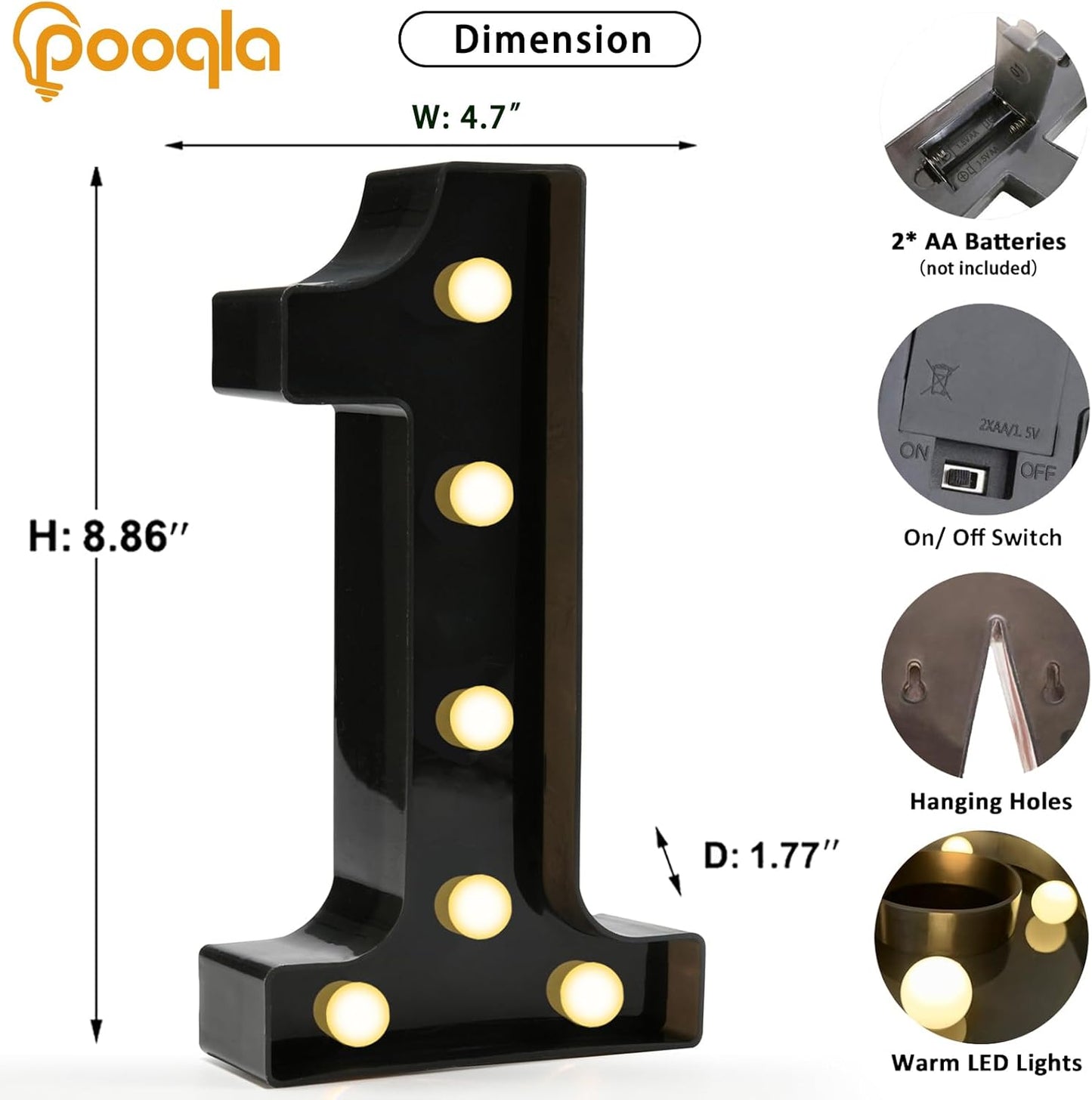 Pooqla Decorative Led Light Up Number Letters, Black Plastic Marquee Number Lights Sign for 1st 10th 21th Birthday Party Wedding Decor Battery Operated Black Decoration 1