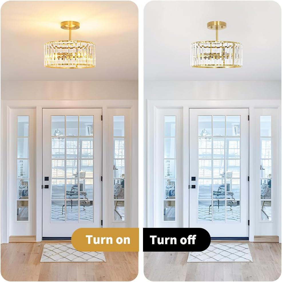 Modern Crystal Ceiling Light, Brushed Gold Semi Flush Mount Ceiling Lighting Fixture, Brass Hallway Light Fixtures Chandelier for Kitchen, Bedroom Dining Room Hallway Closet, 3-Light, 12 Inch