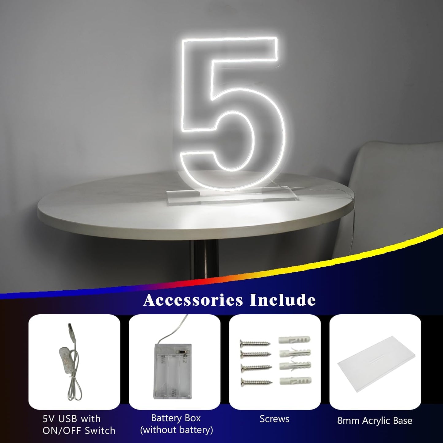 Number 5 Neon Sign for Birthday, 16.54" Cool White USB Battery Powered Led Neon Sign for Party Wedding Anniversary Decor Light Sign (Number 5)