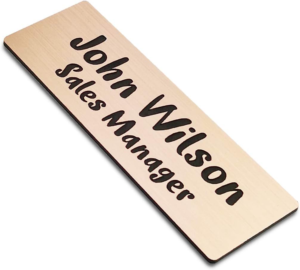 Custom Engraved Name Tag Badges for Business, Personalized Identification with Pin, Magnetic, Adhesive, or Blank Backing, 1"x3", Rose Gold/Black Text
