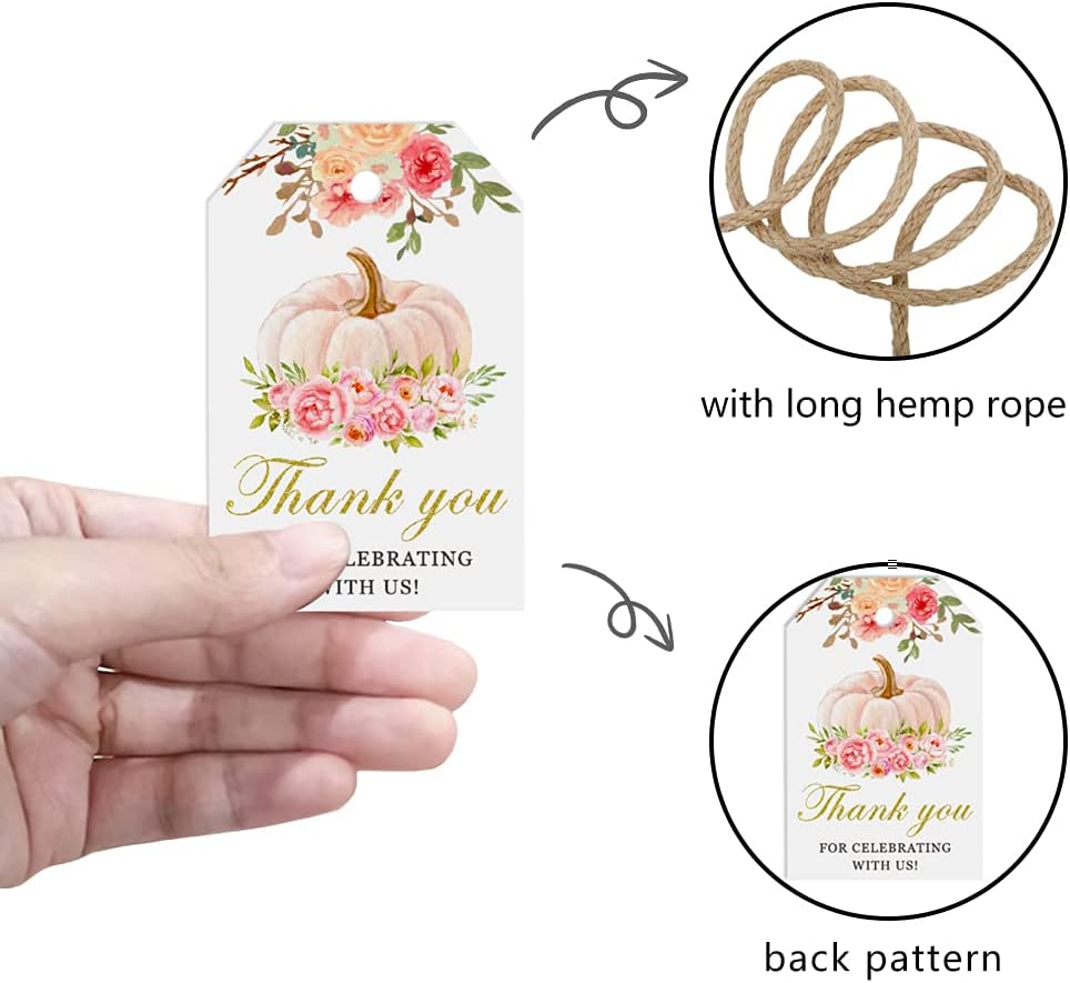 50 Pink Pumpkin Gift Tags - Fall Theme with String, Thank You Tags for Wedding, Birthday, Baby Shower & Party Favors (Two Colors)