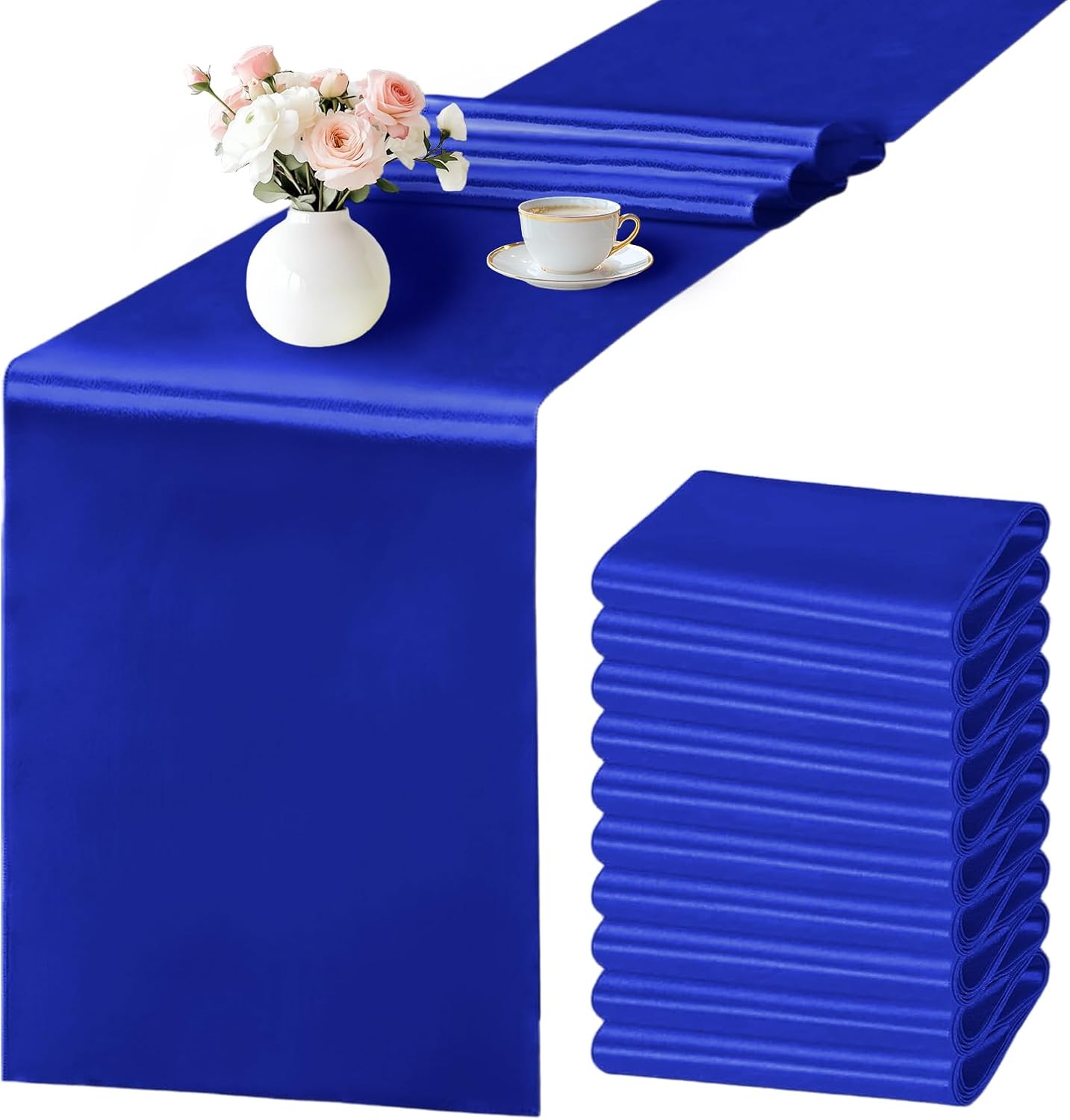 10 Pack Royal Blue Satin Table Runner 12x108 Inches Long, Bright Silky Smooth Satin Table Runner Table Decor for Wedding Banquet Christmas Prom Event Birthday Party