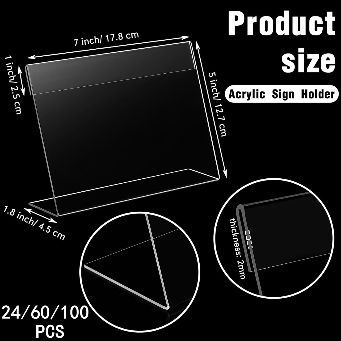 Vicenpal 60 Pcs 7x5 Inch Clear Acrylic Sign Holder Plastic L-shape Vertical Menu Stand, Picture Photo Frames, Table Paper Holder, Flyer Sign Display Stand for Restaurants, Store, Office, Wedding