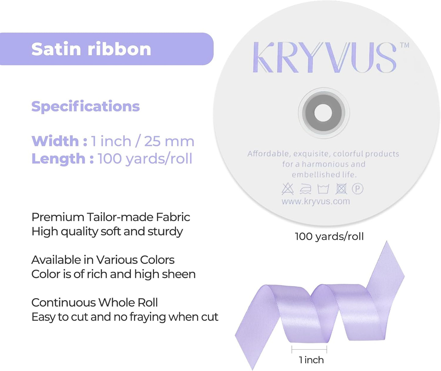 Lavender Satin Ribbon 1 inch X Continuous 100 Yards, Single Face Polyester Ribbon Perfect for Gift Wrapping, Flower Bouquet, Wedding Decor, Crafts, Bow Making, Sewing and More