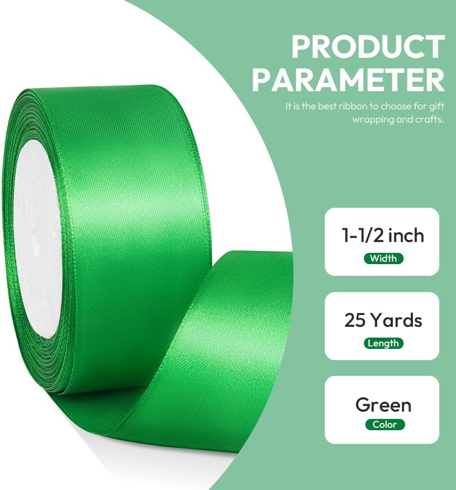 1-1/2" x 25 Yards Satin Ribbon, Green Silk Ribbon Ideal for Gift Wrapping, Floral Bouquets, Crafts, Wedding Party Decorations, Christmas and Sewing Projects