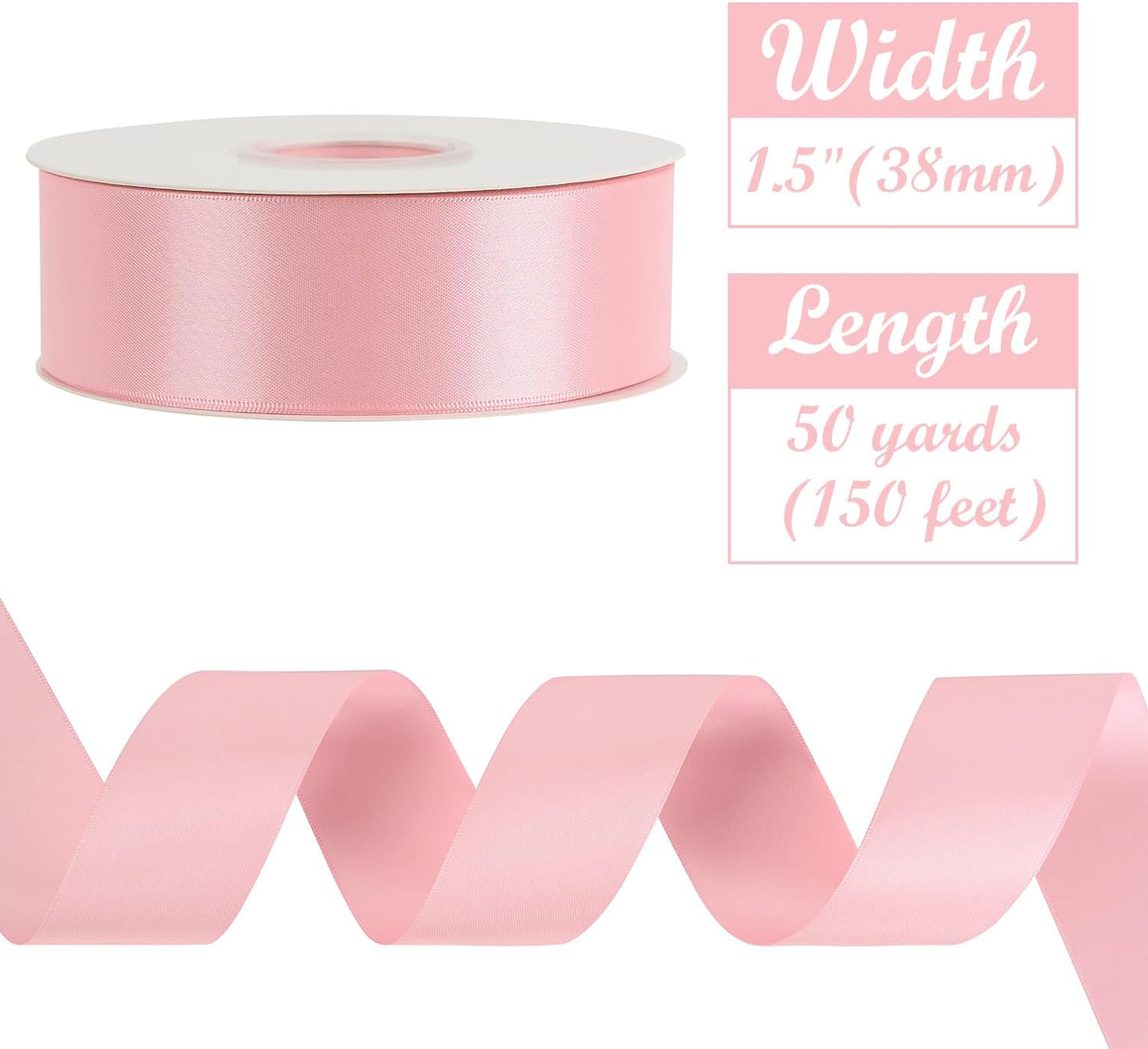 HUIHUANG Pink Satin Ribbon 1-1/2 inch x 50 Yards Double-Faced Silk Like Ribbon for Flower Bouquet, Eternal Flowers, DIY Crafts, Party Favors, Bridal Shower Wedding Decor, Gift Wrapping, Bows