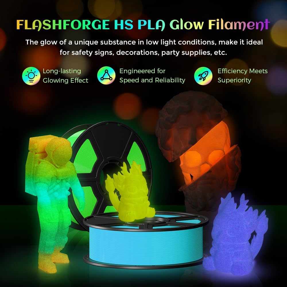 FLASHFORGE Glow in The Dark Rapid PLA Filament 1.75mm, High Flow Speedy 3D Printer Filament Luminous Purple, Max 500mm/s High-Speed Printing, High Brightness and Long-Lasting Glowing Effect