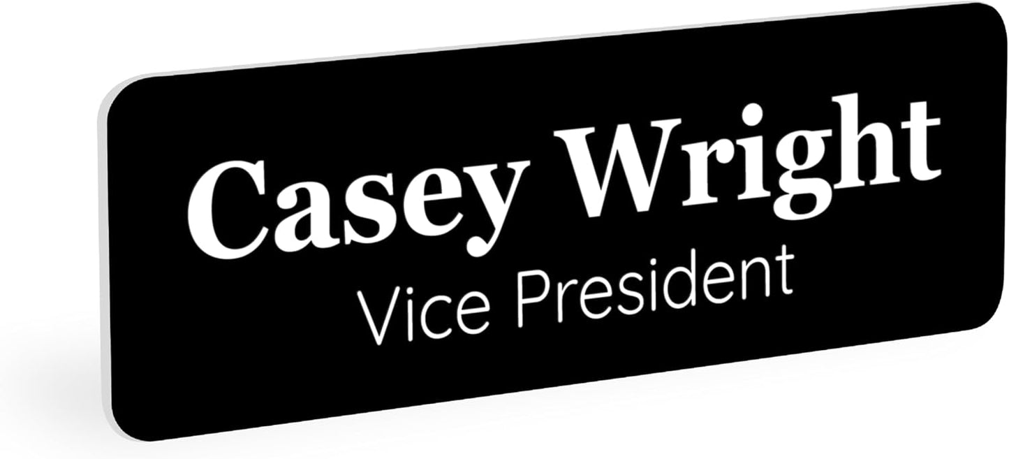 ExcelMark Custom Name Tag - Engraved Name Badge with Pin or Magnetic Backing, 16 Colors, 6 Fonts, and 2 Sizes to Choose from (Black w/White Letters, 1"x 3")