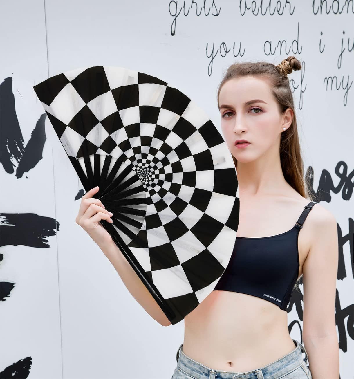 Amajiji Large Folding Hand Rave Fan Popping Fan for Line Dancing Clacking Fans for Boots On The Ground Dance,Party,Decoration,Festival (Speed Checkered)