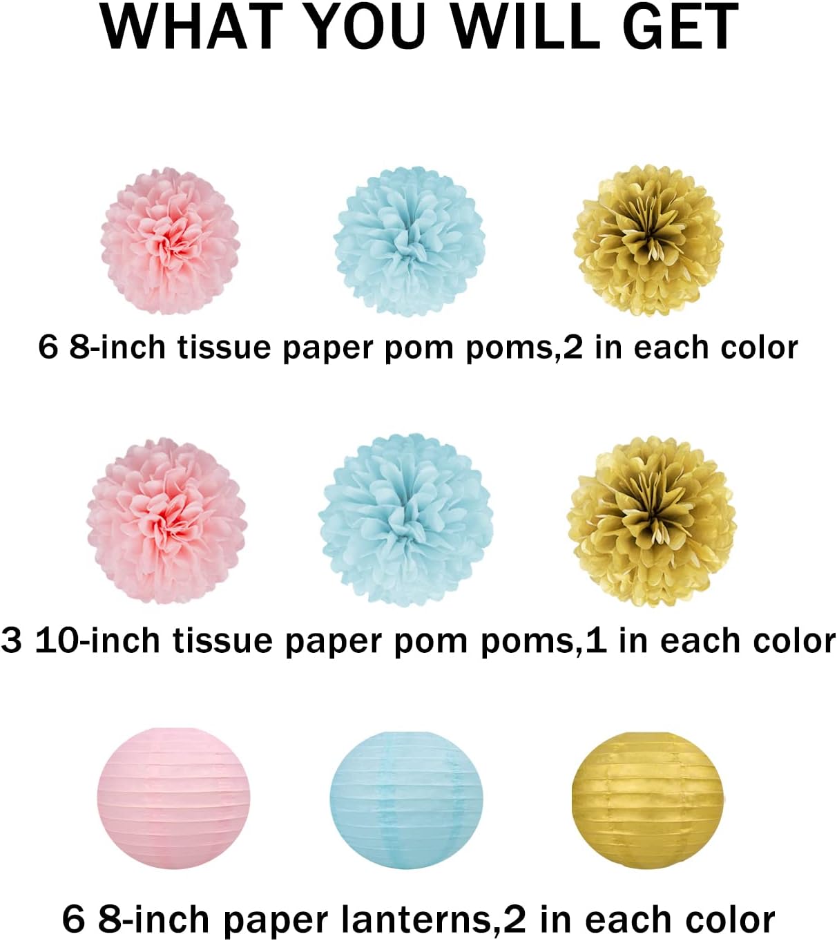 Gender Reveal Decorations Blue Pink - 15pcs Tissue Paper Flowers Pom Poms Lanterns Baby Gender Reveal Party Supplies Gender Reveal Theme Decor Gold Birthday Hanging Decor Ideas