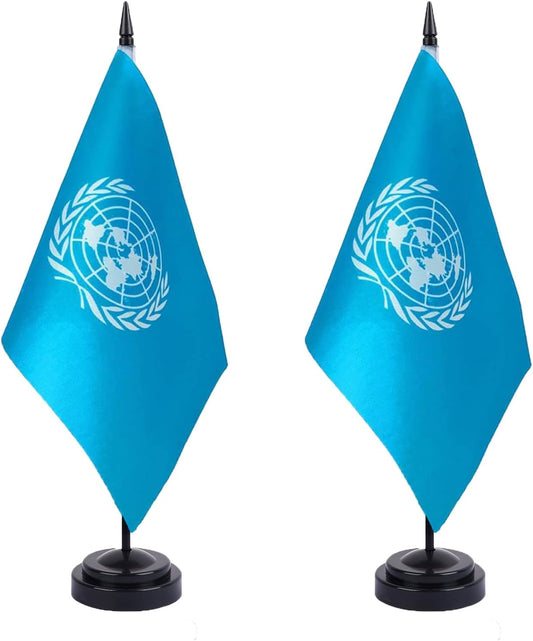 United Nations Desk Flag 12" Solid Pole Deluxe Set United Nations Flags Banner Mini Small United Nations Office Table Flags with Black Stand Base Desktop Decorations(2Pack)