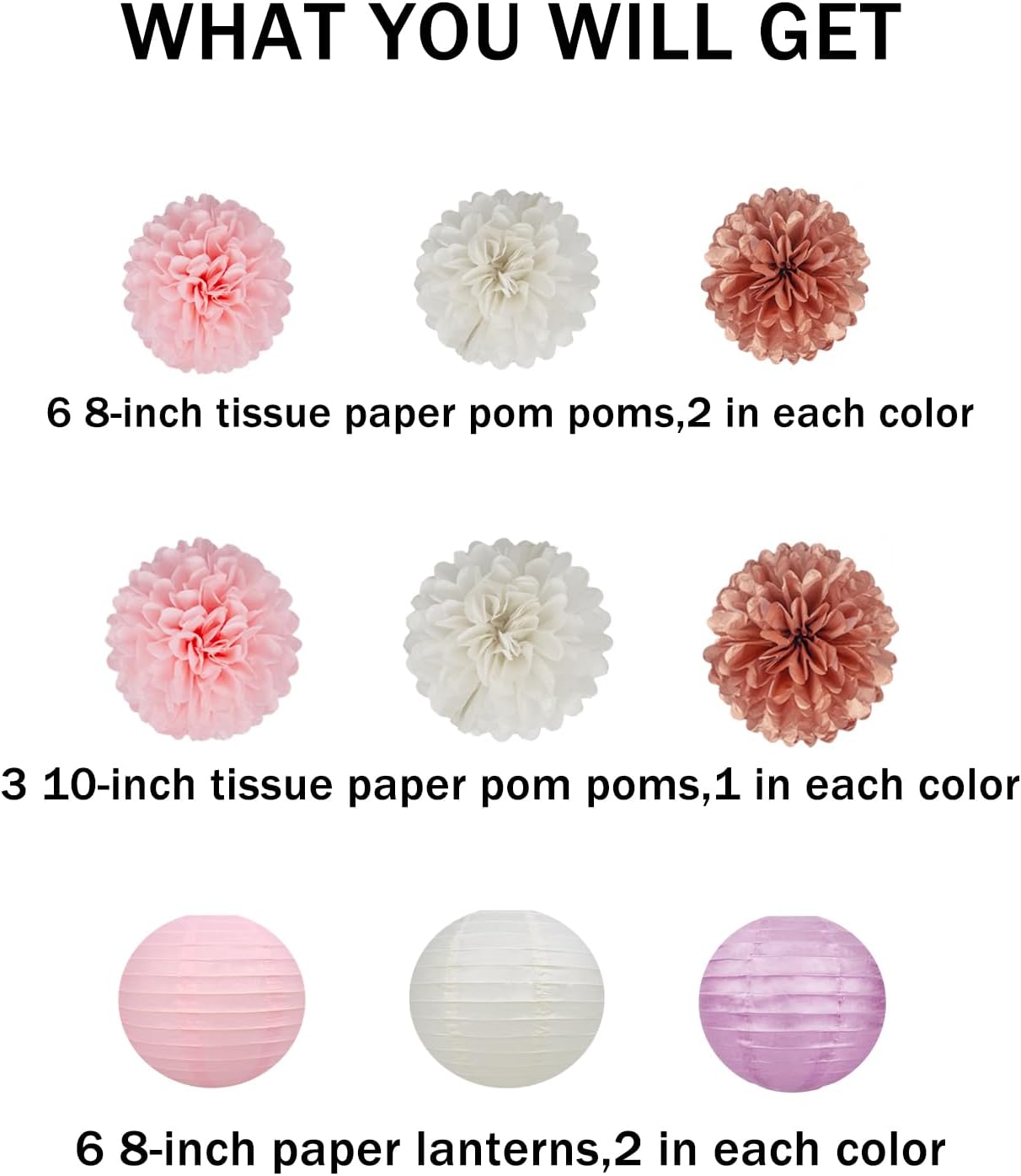 Rose-Gold Pink White Party Decorations - 15Pcs Tissue Pom Poms Paper Flowers Paper Lanterns Birthday Valentines Day Baby Girl Shower Women Bridal Wedding Engagement Bachelorette HongTongTong