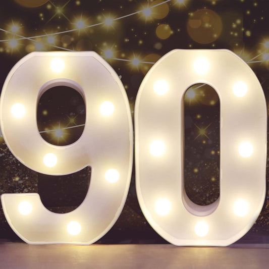 Pooqla Decorative LED Light Up Number Letters, White Plastic Marquee Number Lights Sign for 90th Birthday Party Wedding Decor, Battery Operated