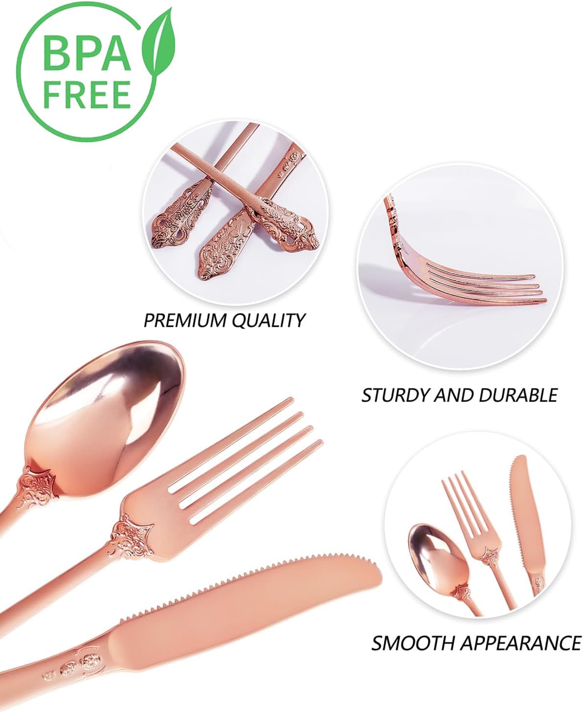 WDF 120Pieces Rose Gold Plastic Silverware - Heavy Duty Rose Gold Plastic Cutlery Set - Disposable Rose Gold Utensils - Rose Gold Flatware Includes 40 Forks, 40 Spoons, 40 Knives for Wedding