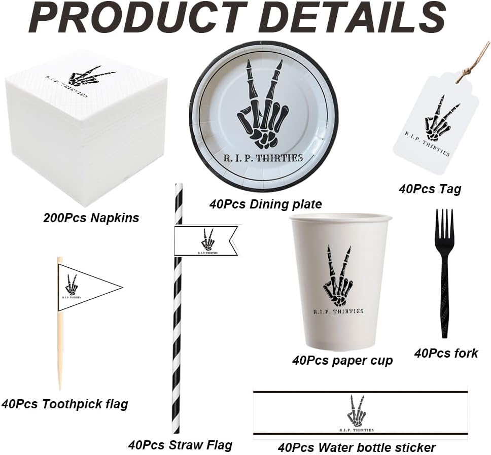 SharkBliss RIP Thirties Party Supplies 480 PCS – Paper Cocktail Napkins Party Cups Water Bottle Labels Toothpick Flags Drinking Straws Gift Tags Forks Plates for Death to My 30s 40th Birthday