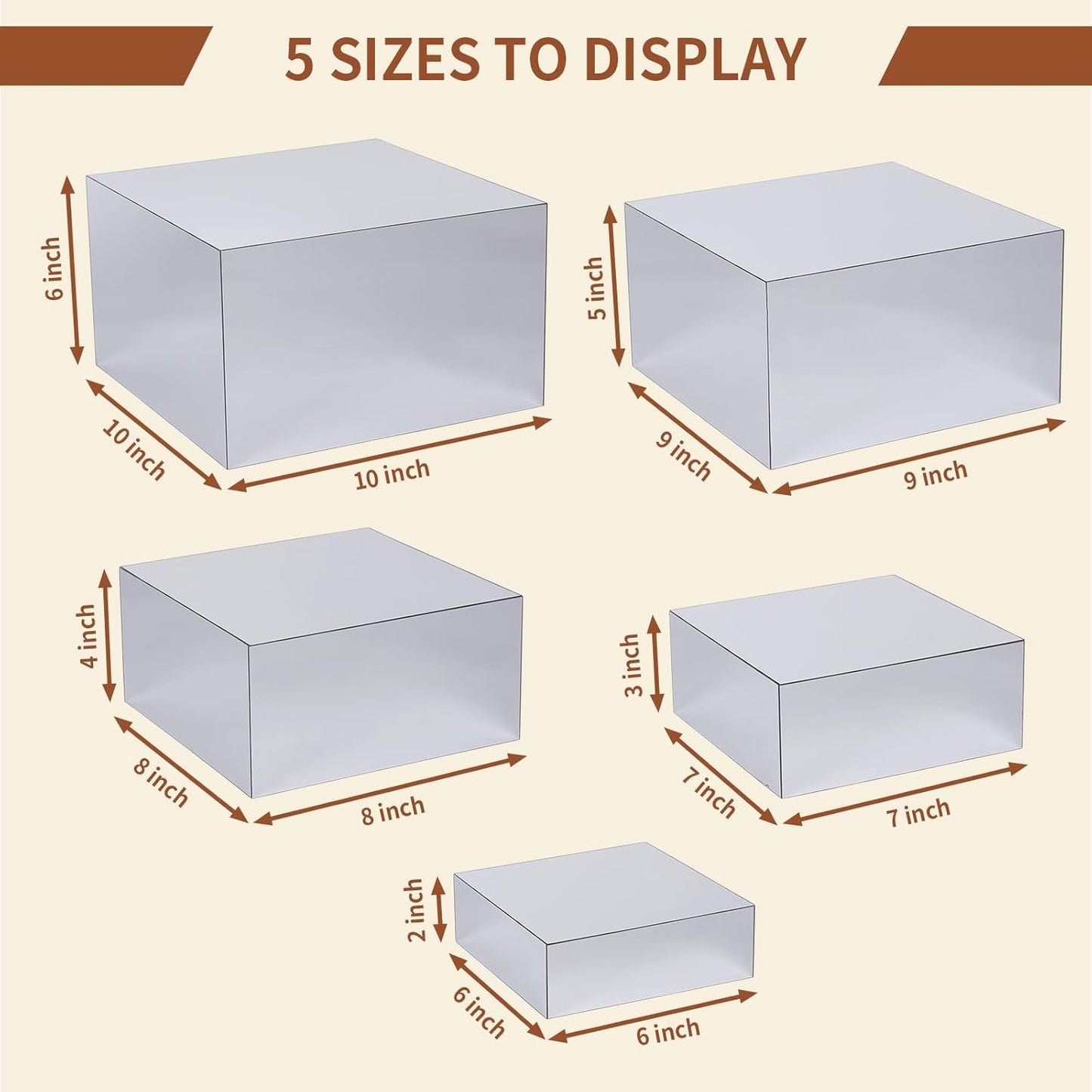 Acrylic Risers for Display 5 Pcs, Food Risers for Party Silver Acrylic Risers Display Stands Acrylic Box Nesting Display Risers for Jewelry Bag Cosmetics Catering Dessert Collectibles