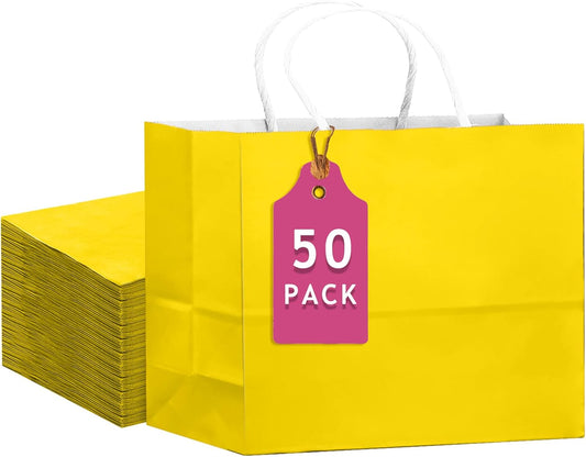 qiqee 50-Packs Bright Yellow Paper Gift Bags with Handles Bulk 12.6"x4.3"x10" Wide Large Size Party Favor Bags Multiple Uses