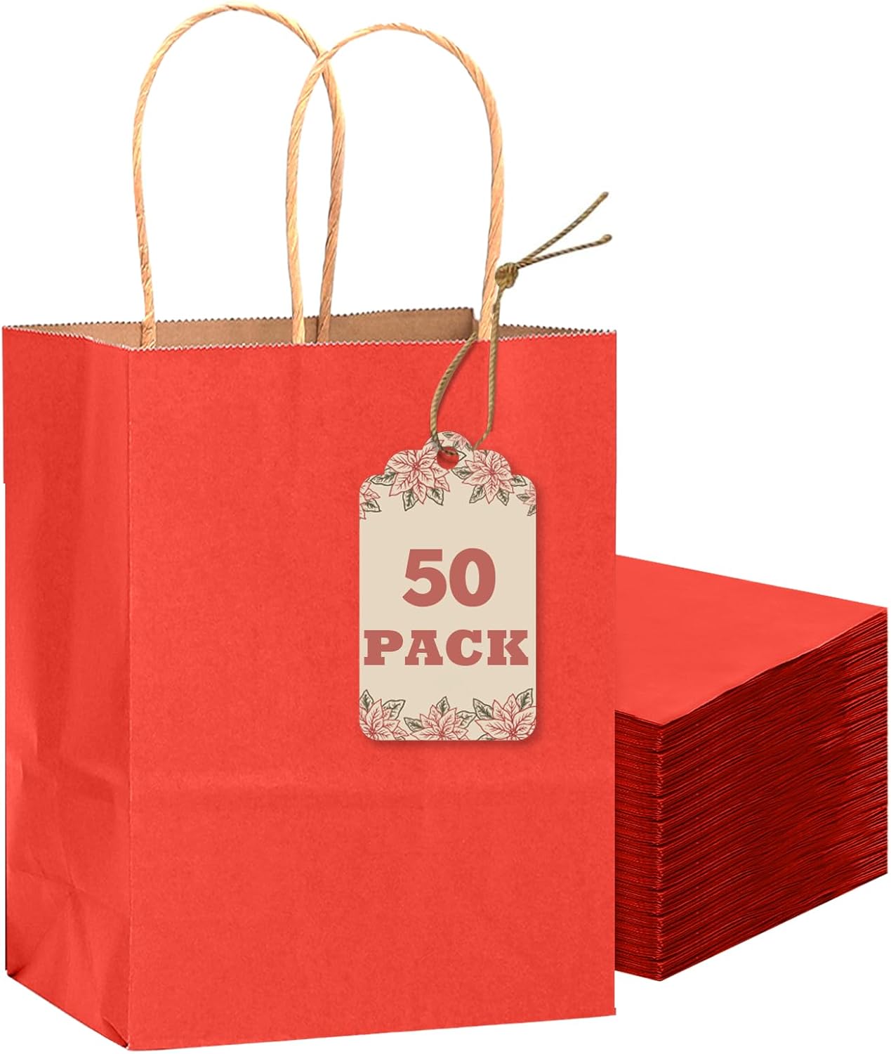 qiqee 50-Packs Gift Bag with Handles Bulk Kraft Red Paper Bags Multiple Uses (8.3"x3"x6"inch Small Size)