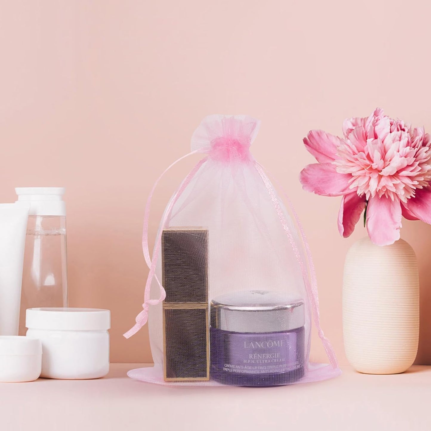 50 Pcs Pink Organza Bags 3x4 Inch, Jewelry Pouch Bags Small Mesh Bag Drawstring Gift Goody Bag for Candy Party Favor Wedding