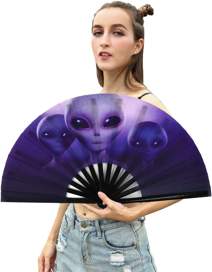 Amajiji Large Folding Hand Rave Fan Popping Fan for Line Dancing Clacking Fans for Boots On The Ground Dance,Party,Decoration,Festival (Three aliens)