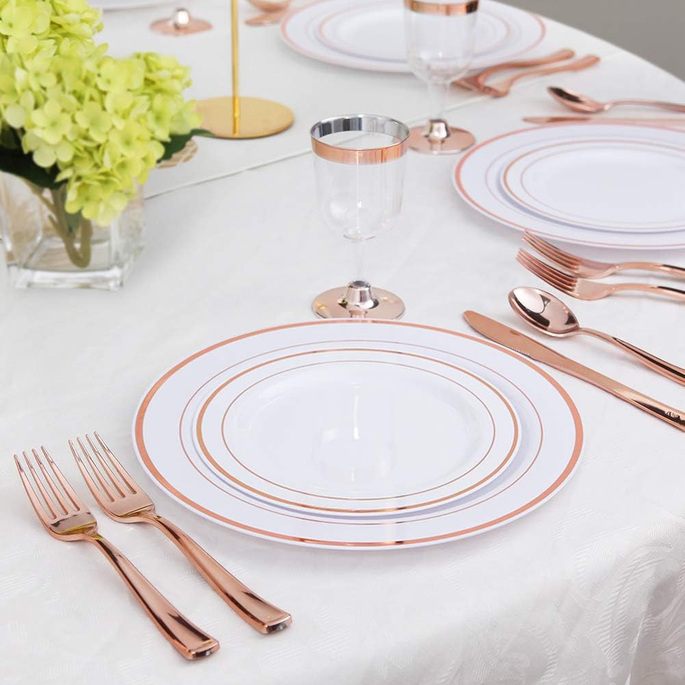 WDF 120 Pieces Rose Gold Plastic Silverware- Disposable Flatware Set-Heavyweight Plastic Cutlery- Includes 40 Forks, 40 Spoons, 40 Knives for Valentine's Day, Mother's Day,Wedding&Party
