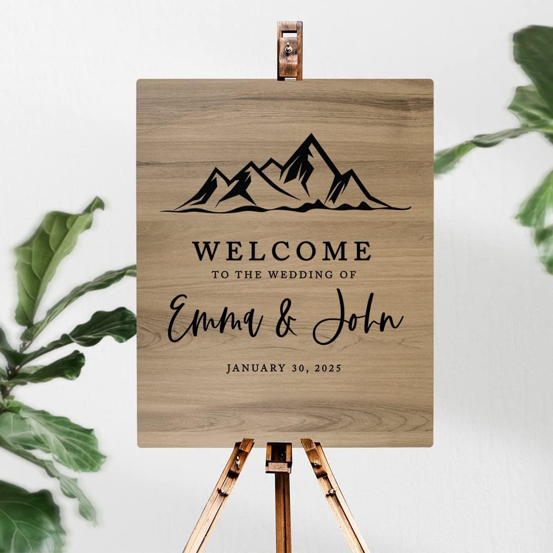 Andaz Press Large Wooden Welcome Sign for Wedding, Rustic Welcome Sign 16" x 20" Custom Names Minimal Mountains Wedding Signage English Oak MDF Wood Finish Wedding Reception Indoor Outdoor Signs