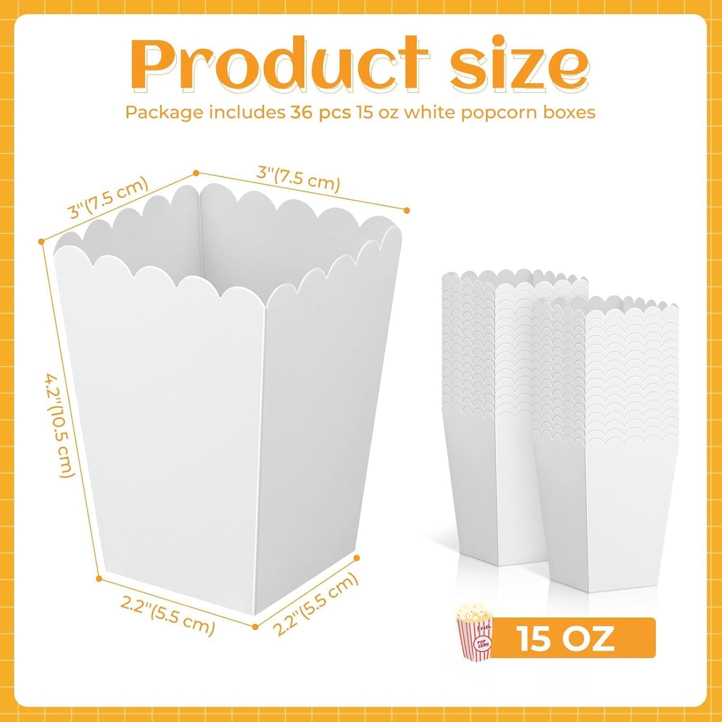 36 Pack Mini Popcorn Boxes for Party, Small Popcorn Cups Disposable for Movie Night, Carnival, Theater - Bulk White Popcorn Containers, 3 x 4.2 x 2.2 Inch