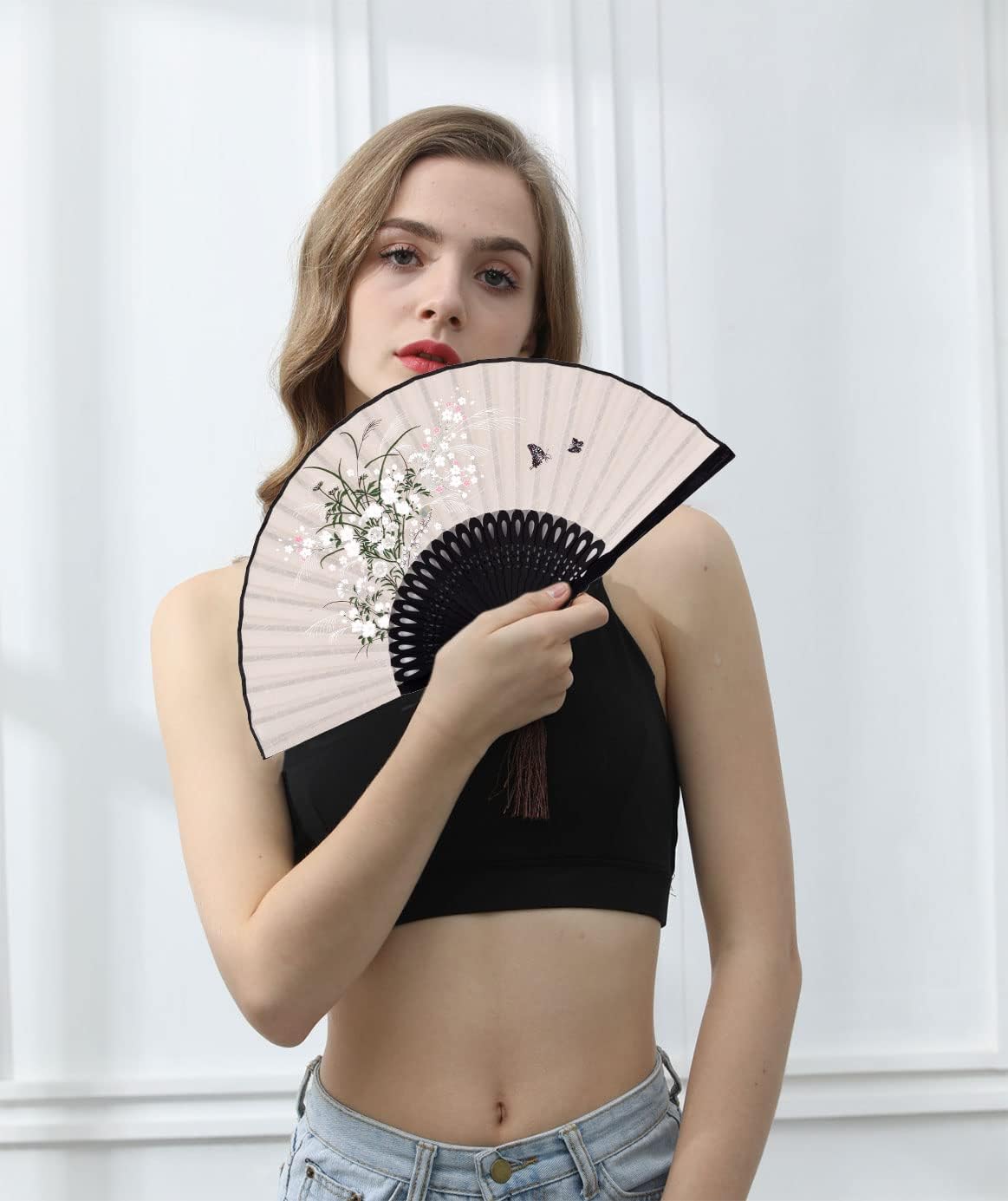Amajiji Small Folding Hand Fan for Women, Chinese Japanese Vintage Style Bamboo Silk Fans for Party Wedding Dancing Decoration Gift Performance (AM-19)