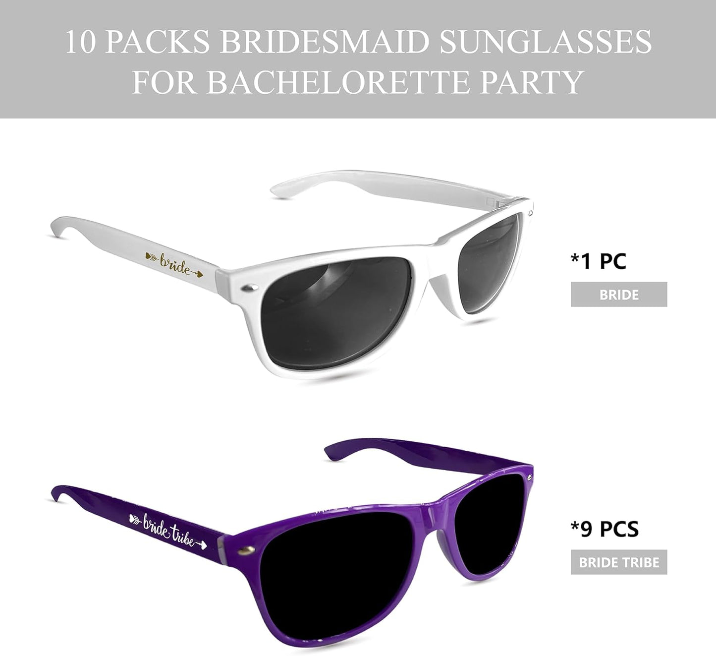 LADY&HOME 10 Pack Bachelorette Party Sunglasses Favors, Bridesmaid and Bride Tribe Sunglasses for Bridal Party, Bridal Shower(Purple)