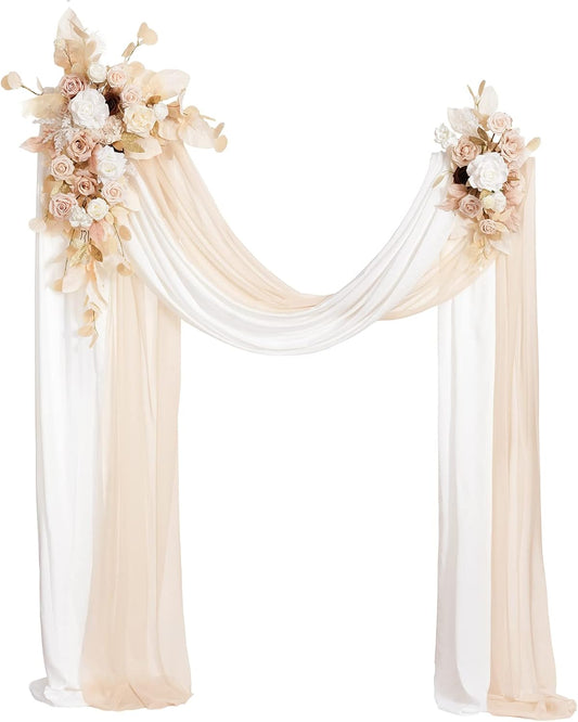 Ling's moment Spring Wedding Arch Flowers Kit Pack of 4, 2pcs Hanging Flower Arrangement 2pcs Chiffon Drapes Ceremony Fake Rose Arbor Backdrop Artificial Floral Outdoor Decorations, White Beige