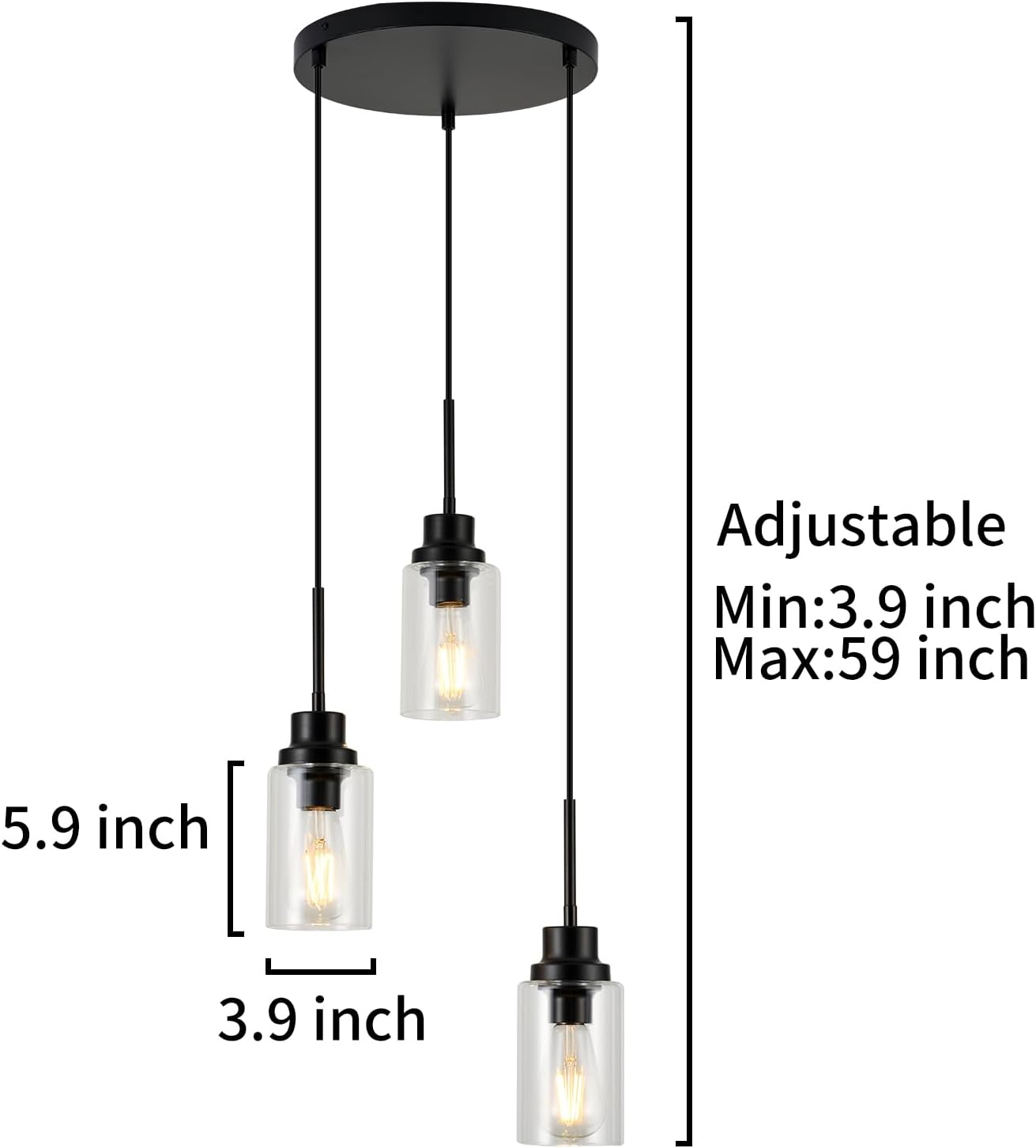 3-Lights Modern Pendant Light Fixtures Black Adjustable Height Ceiling Lights Chandelier with Clear Glass Shades Kitchen Island Lighting Hanging E26 Base for Foyer Dining Room