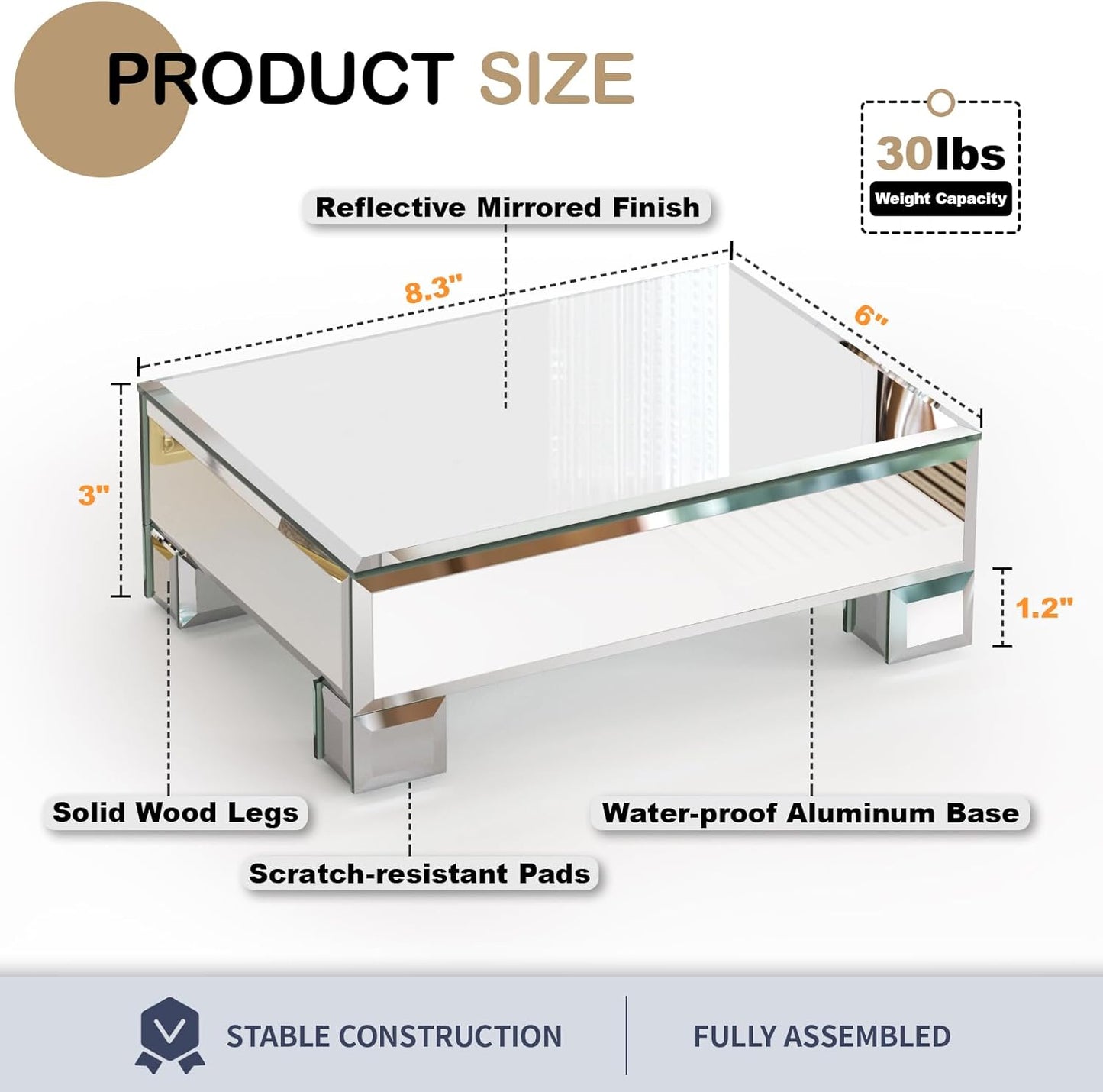 Mirrored Risers for Display, Tabletop Display Stand, Mirrored Perfume Tray for Vanity, Silver Soap Stand, Pedestal Stand, Glass Risers for Countertop, 8.6”W x 6”D x 3”H