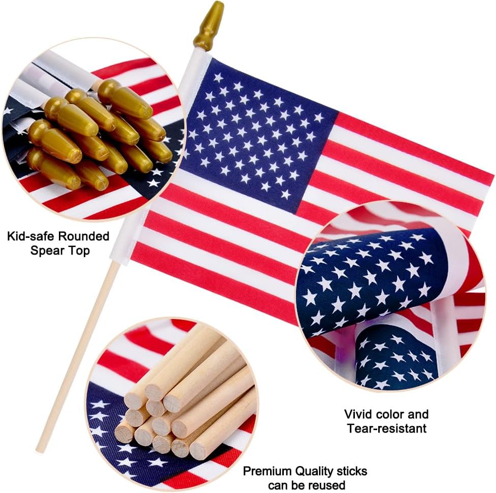 12 Pcs 8x12 Inch American Flags on Stick, Small US Wood Stick Flag with Kid-Safe Spear Top, American Flags for Outside, Memorial Day Decorations, 4th of July Decorations, Veterans Day Decor