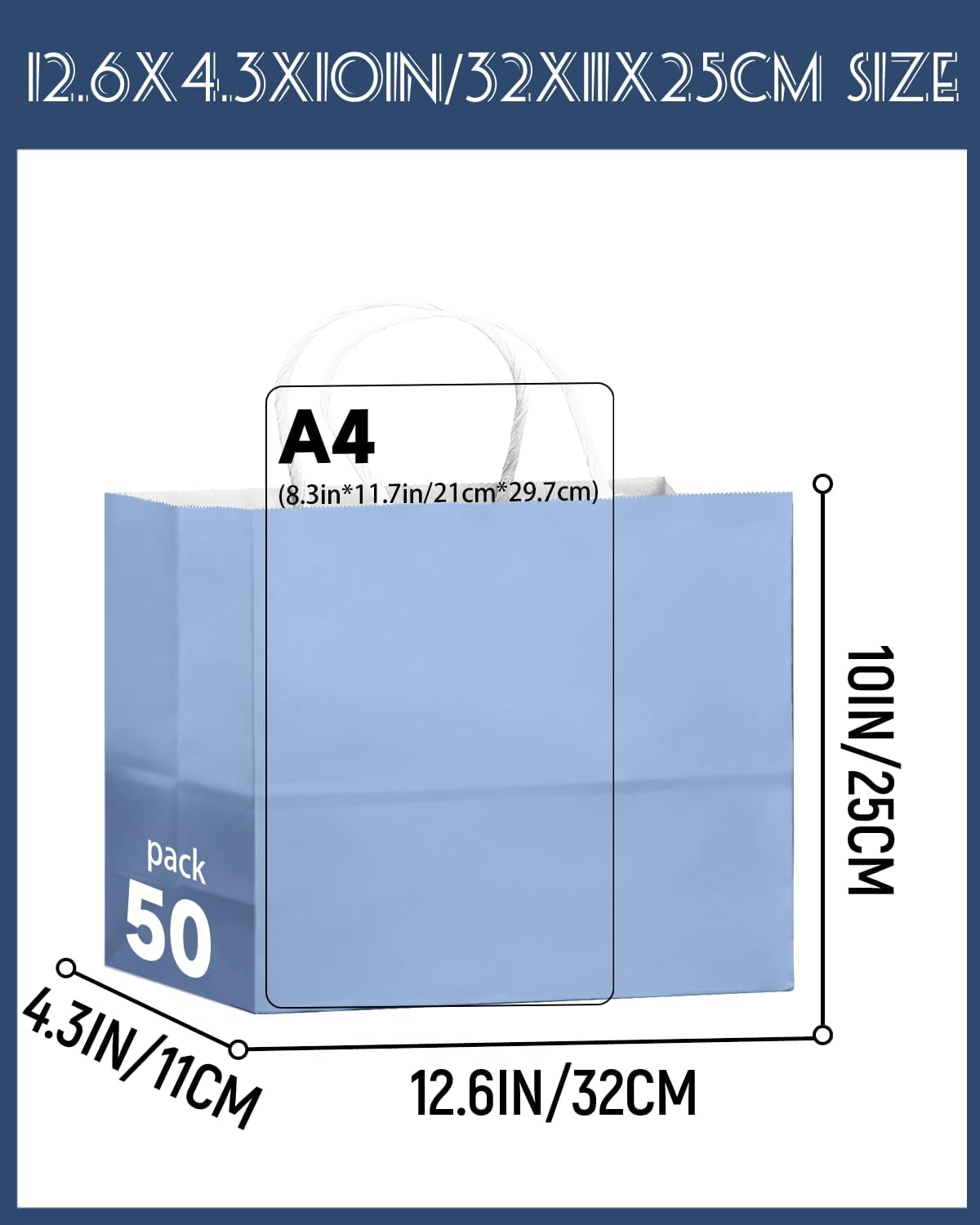 qiqee 50-Packs Light Blue Paper Gift Bags with Handles Bulk 12.6"x4.3"x10" Wide Large Size Party Favor Bags Multiple Uses