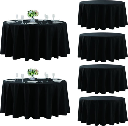 Fokitut 6 Pack Round Tablecloth, 132 Inch, Stain Resistant and Wrinkle Polyester Table Cloth, Fabric Table Cover for Kitchen Dining, Wedding, Party, Holiday Dinner-Black